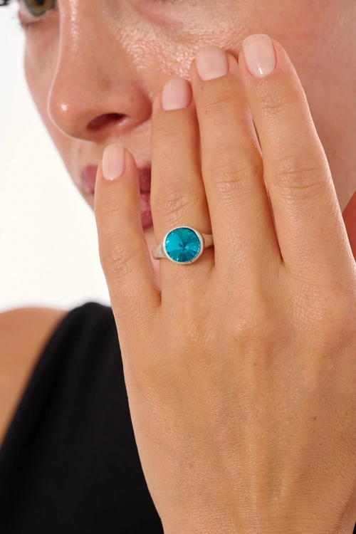 Kiraz Turquoise Crystal Stoned Silver Plated Ring