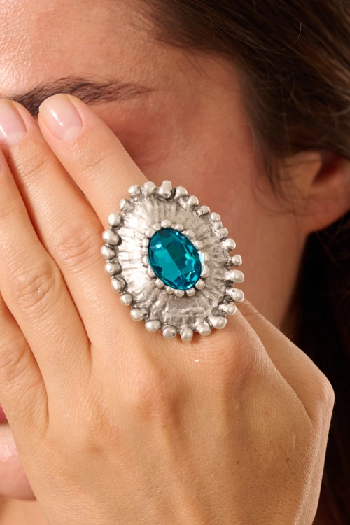 Kiraz Turquoise Crystal Stoned Silver Plated Ring