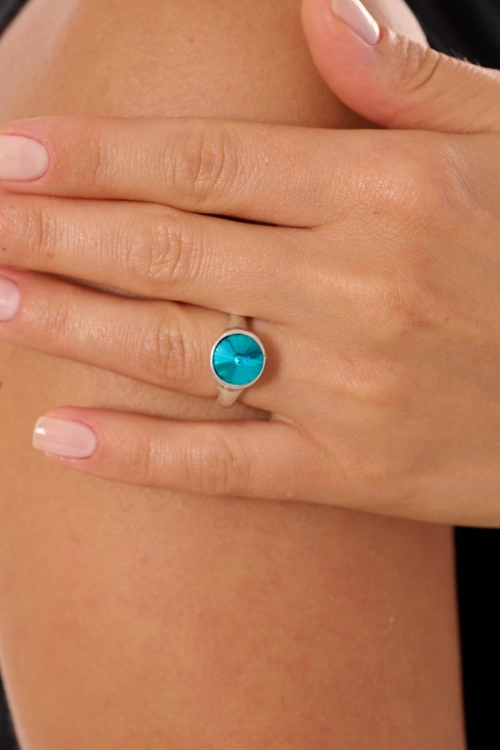 Kiraz Turquoise Crystal Stoned Silver Plated Ring
