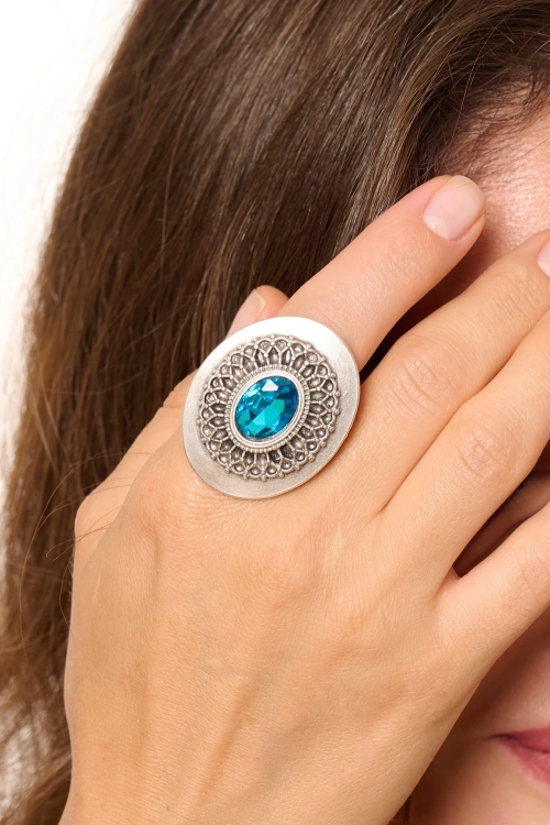 Kiraz Turquoise Crystal Stoned Silver Plated Ring