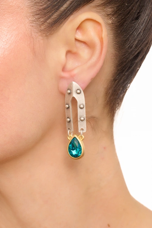 Kiraz Turquoise Crystal Stoned Silver And Gold Plated Earring