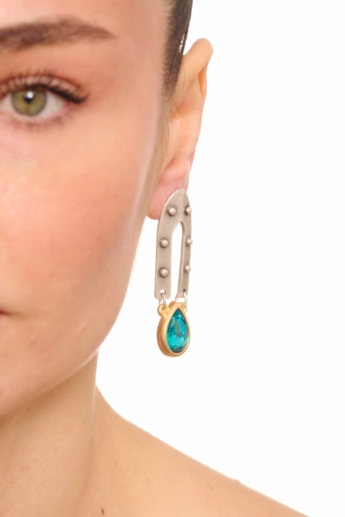 Kiraz Turquoise Crystal Stoned Silver And Gold Plated Earring