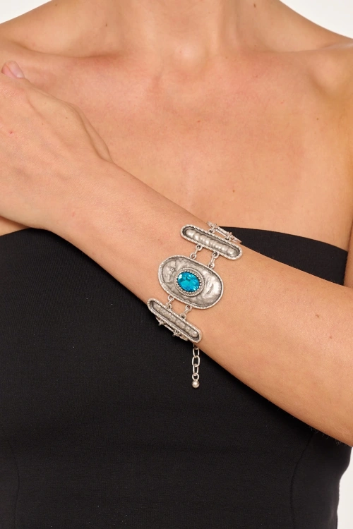 Kiraz Turquoise Crystal Stoned Silver Plated Bracelet