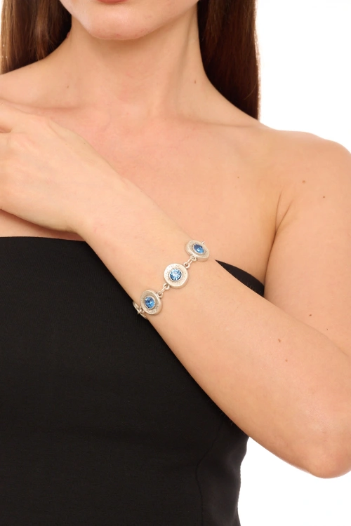 Kiraz Turquoise Crystal Stoned Silver Plated Bracelet