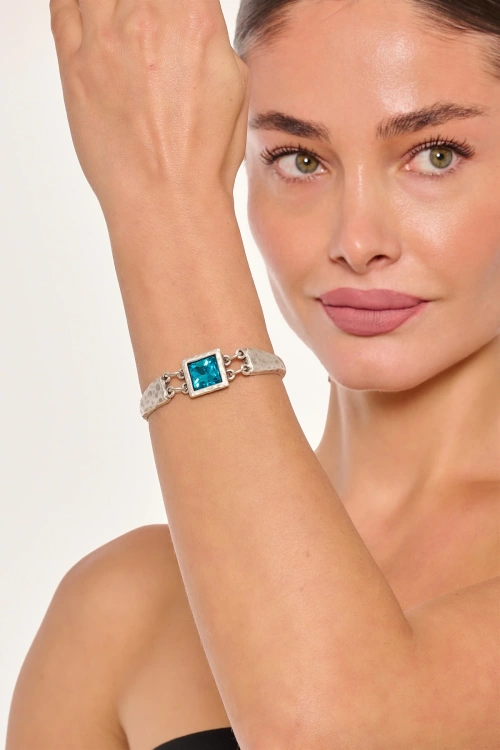 Kiraz Turquoise Crystal Stoned Silver Plated Bracelet