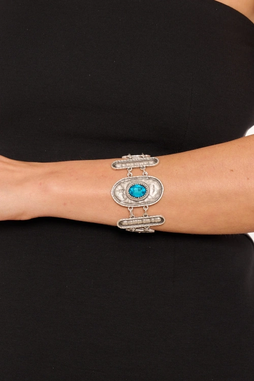 Kiraz Turquoise Crystal Stoned Silver Plated Bracelet