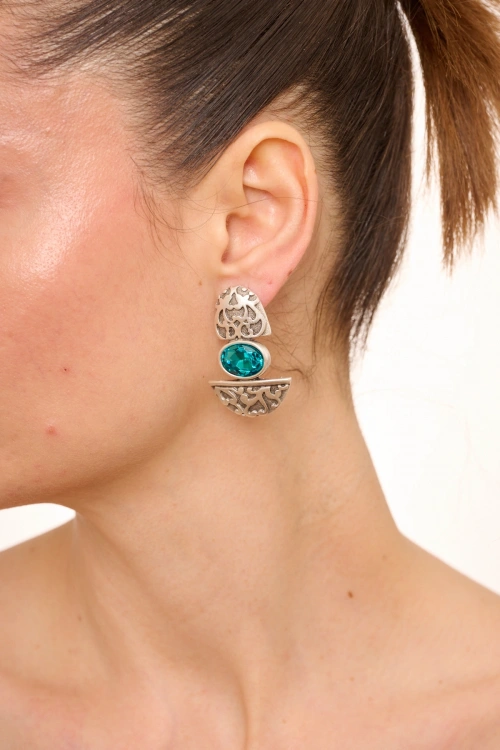 Kiraz Turquoise Crystal Stoned Silver Plated Earring