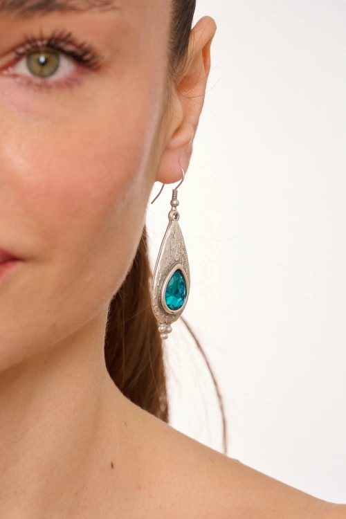 Kiraz Turquoise Crystal Stoned Silver Plated Earring