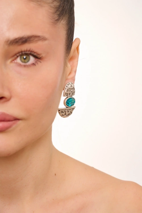 Kiraz Turquoise Crystal Stoned Silver Plated Earring