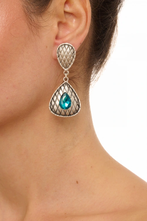 Kiraz Turquoise Crystal Stoned Silver Plated Earring