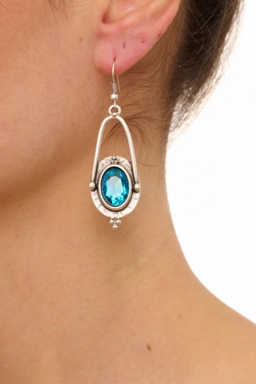 Kiraz Turquoise Crystal Stoned Silver Plated Earring