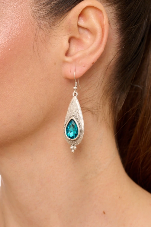 Kiraz Turquoise Crystal Stoned Silver Plated Earring