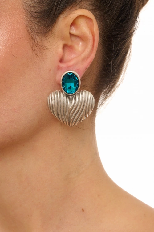 Kiraz Turquoise Crystal Stoned Silver Plated Heart Earring