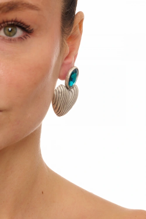 Kiraz Turquoise Crystal Stoned Silver Plated Heart Earring