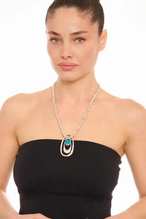 Kiraz Turquoise Crystal Stoned Silver Plated Necklace