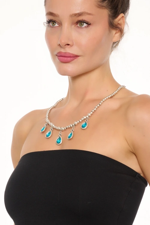 Kiraz Turquoise Crystal Stoned Silver Plated Necklace