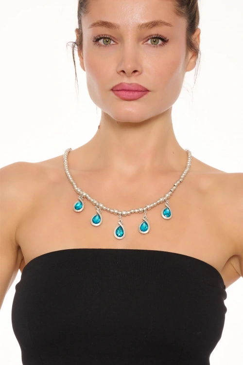 Kiraz Turquoise Crystal Stoned Silver Plated Necklace