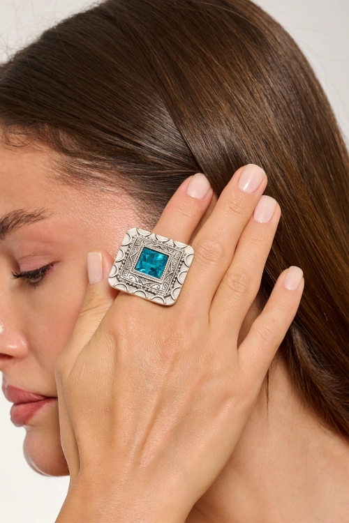Kiraz Turquoise Crystal Stoned Silver Plated Ring