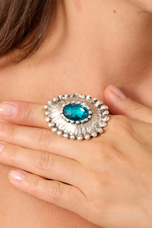 Kiraz Turquoise Crystal Stoned Silver Plated Ring