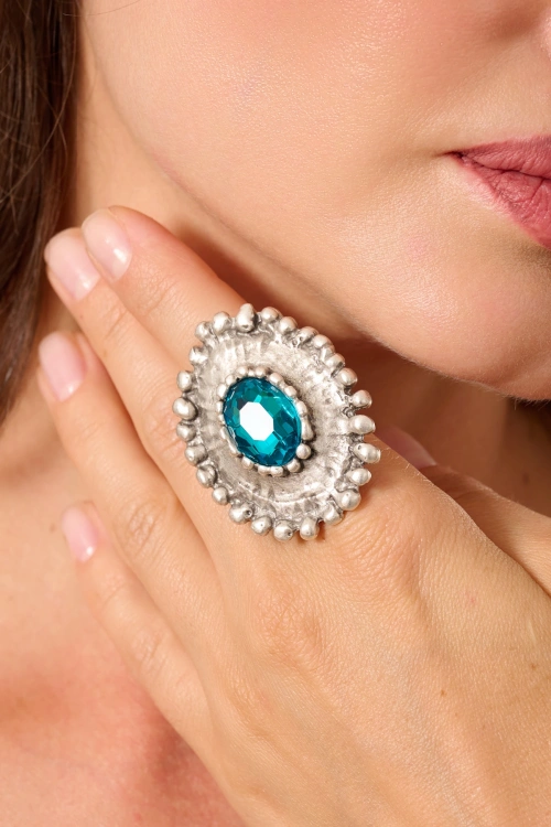 Kiraz Turquoise Crystal Stoned Silver Plated Ring