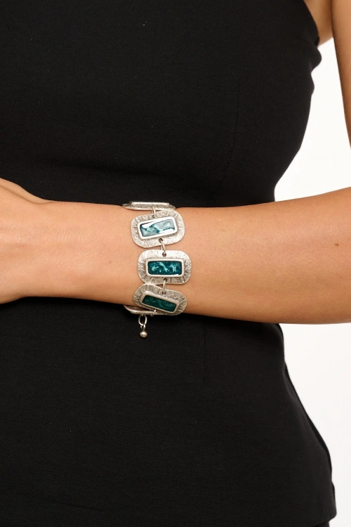 Kiraz Turquoise Enameled  Silver Plated Bracelet