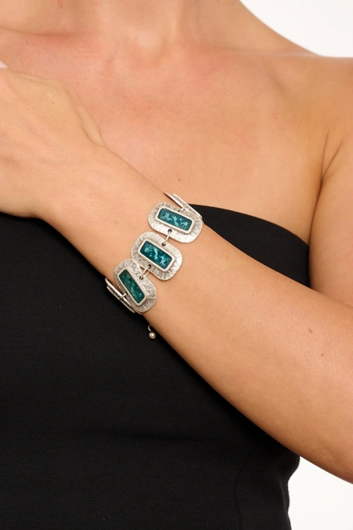 Kiraz Turquoise Enameled  Silver Plated Bracelet