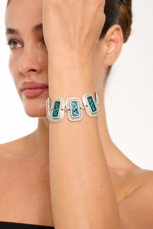 Kiraz Turquoise Enameled  Silver Plated Bracelet