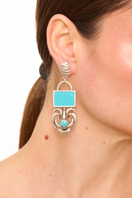 Kiraz Turquoise Enameled  Silver Plated Earring