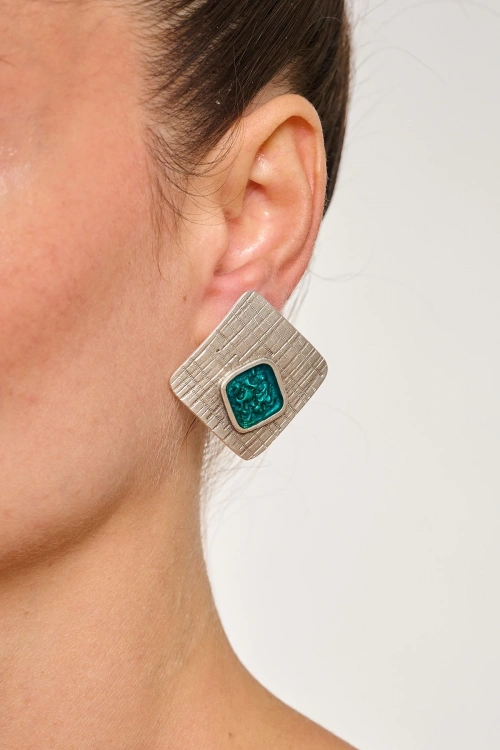 Kiraz Turquoise Enameled  Silver Plated Earring