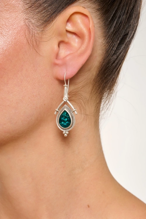 Kiraz Turquoise Enameled  Silver Plated Earring