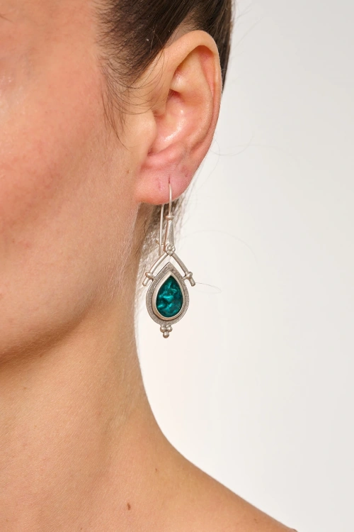Kiraz Turquoise Enameled  Silver Plated Earring