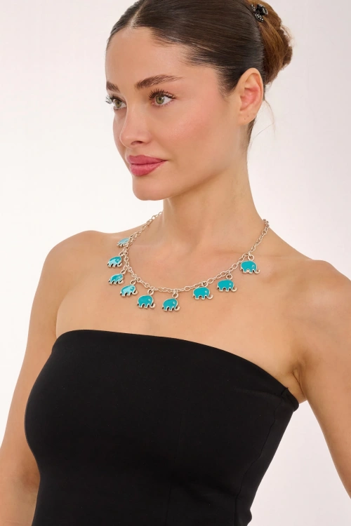 Kiraz Turquoise Enemaled Silver Plated Elephant Necklace