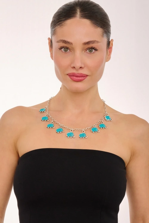 Kiraz Turquoise Enemaled Silver Plated Elephant Necklace