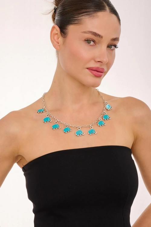 Kiraz Turquoise Enemaled Silver Plated Elephant Necklace