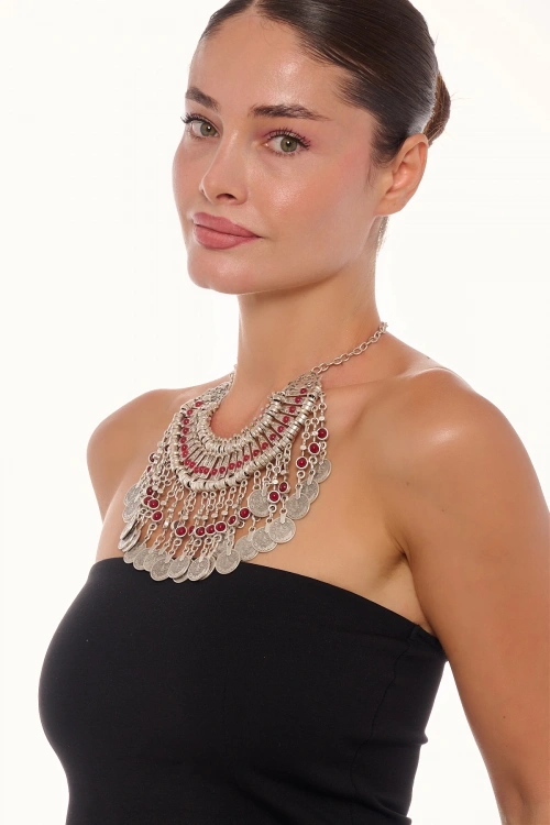 Kiraz Burgundy Stoned Cleopatra Silver Plated Necklace