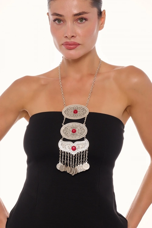 Kiraz Burgundy Stoned Silver Plated Necklace