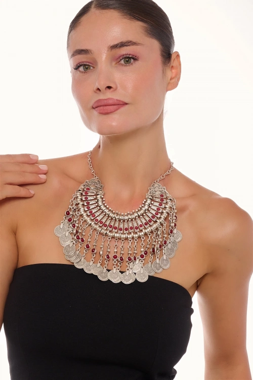 Kiraz Burgundy Stoned Cleopatra Silver Plated Necklace