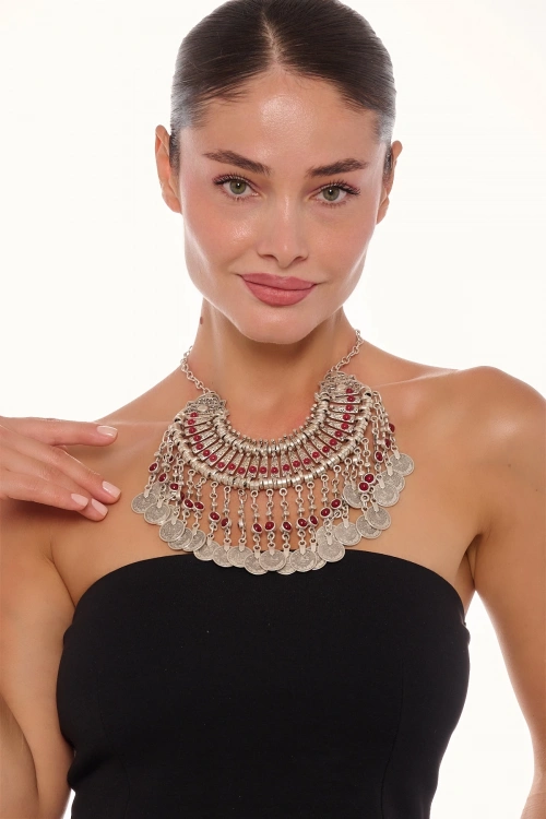 Kiraz Burgundy Stoned Cleopatra Silver Plated Necklace
