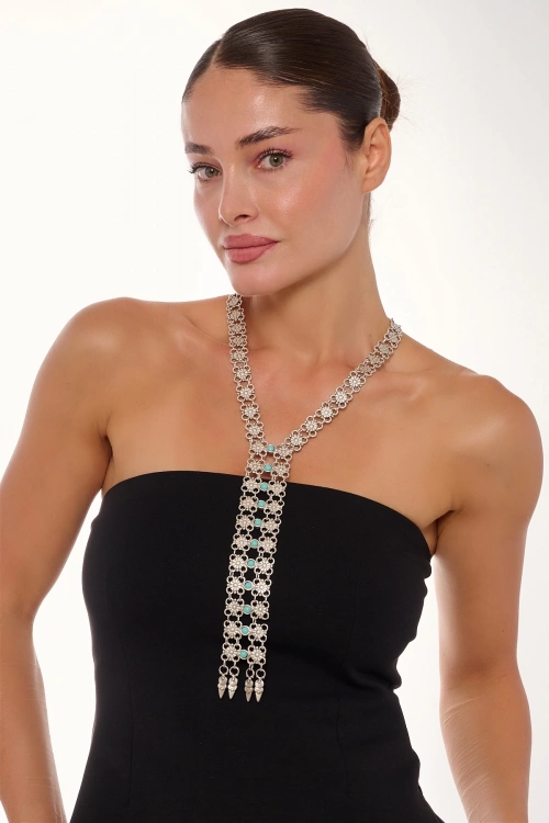 Kiraz Tie Turquoise Stoned Silver Plated Necklace