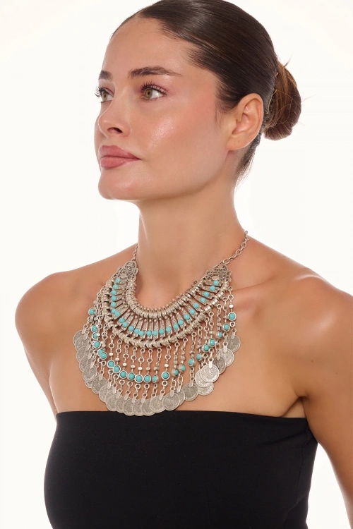 Kiraz Turquoise Stoned Cleopatra Silver Plated Necklace