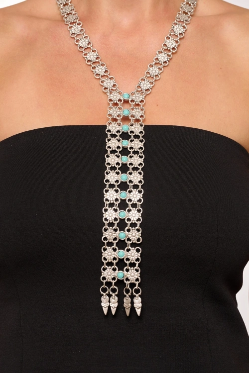 Kiraz Tie Turquoise Stoned Silver Plated Necklace