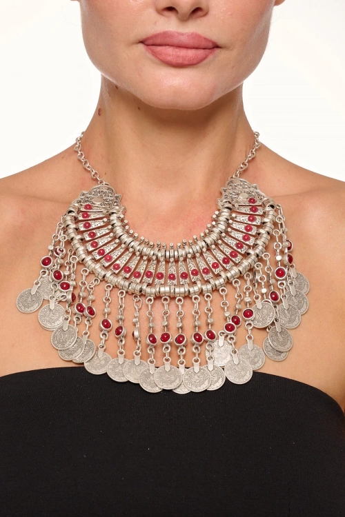 Kiraz Burgundy Stoned Cleopatra Silver Plated Necklace