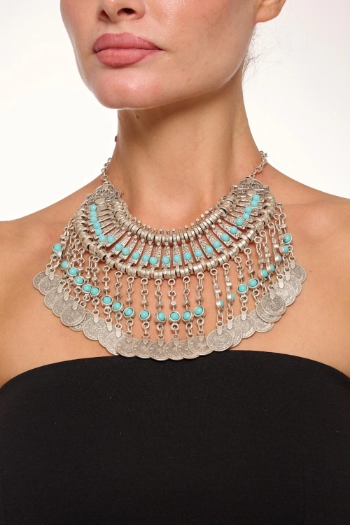 Kiraz Turquoise Stoned Cleopatra Silver Plated Necklace