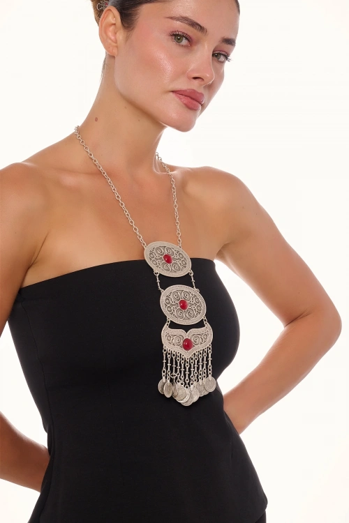 Kiraz Burgundy Stoned Silver Plated Necklace