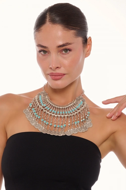 Kiraz Turquoise Stoned Cleopatra Silver Plated Necklace
