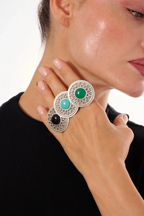 Kiraz Green Stoned Silver Plated Ring