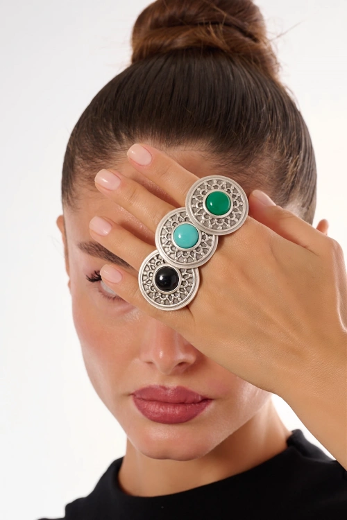 Kiraz Green Stoned Silver Plated Ring