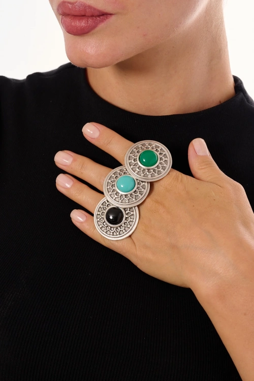 Kiraz Green Stoned Silver Plated Ring