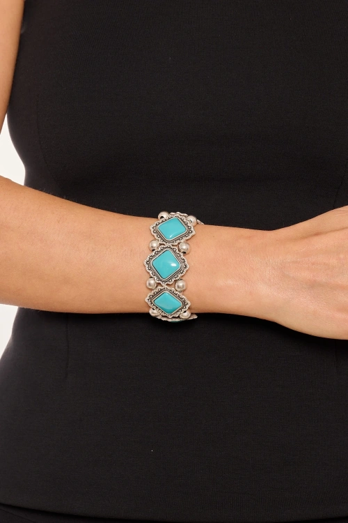 Kiraz Turquoise Stoned Elastic Silver Plated Bracelet