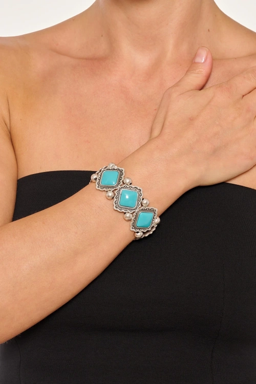 Kiraz Turquoise Stoned Elastic Silver Plated Bracelet